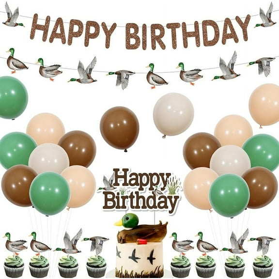 Mallard Duck Birthday Party Decorations for Boy, Duck Theme Birthday Party Supplies with Happy Birthday Banner, Duck Cake Topper, 24Pcs Cupcake Toppers, Balloons for 1 2 3 4 5 Year Old Boy