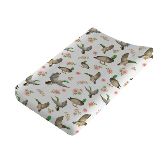 Mallard Duck Changing Pad Covers for Baby Boy Girl 32''x16'' Wild Ducks Hunting Fitted Changing Pad Sheets Boho Floral Leaves Soft Nursery Baby Diaper Changing Table Mats