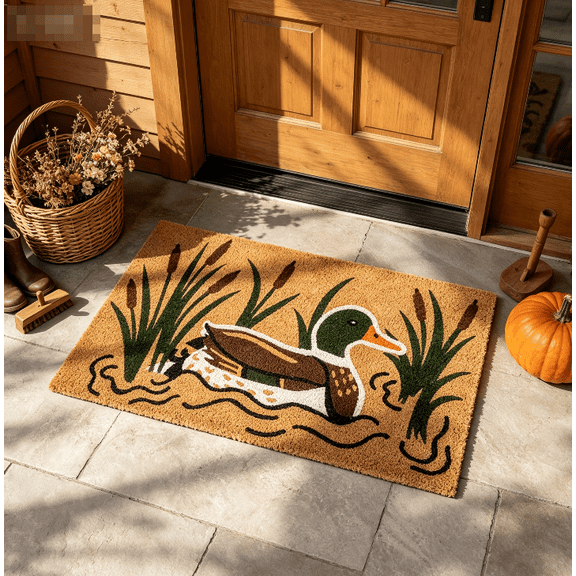 Mallard Duck Coir Welcome Doormat, Funny Duck Reeds Pattern Front Door Mat, NonSlip Vintage Outdoor Entryway Rug for Porch Patio Home Decor