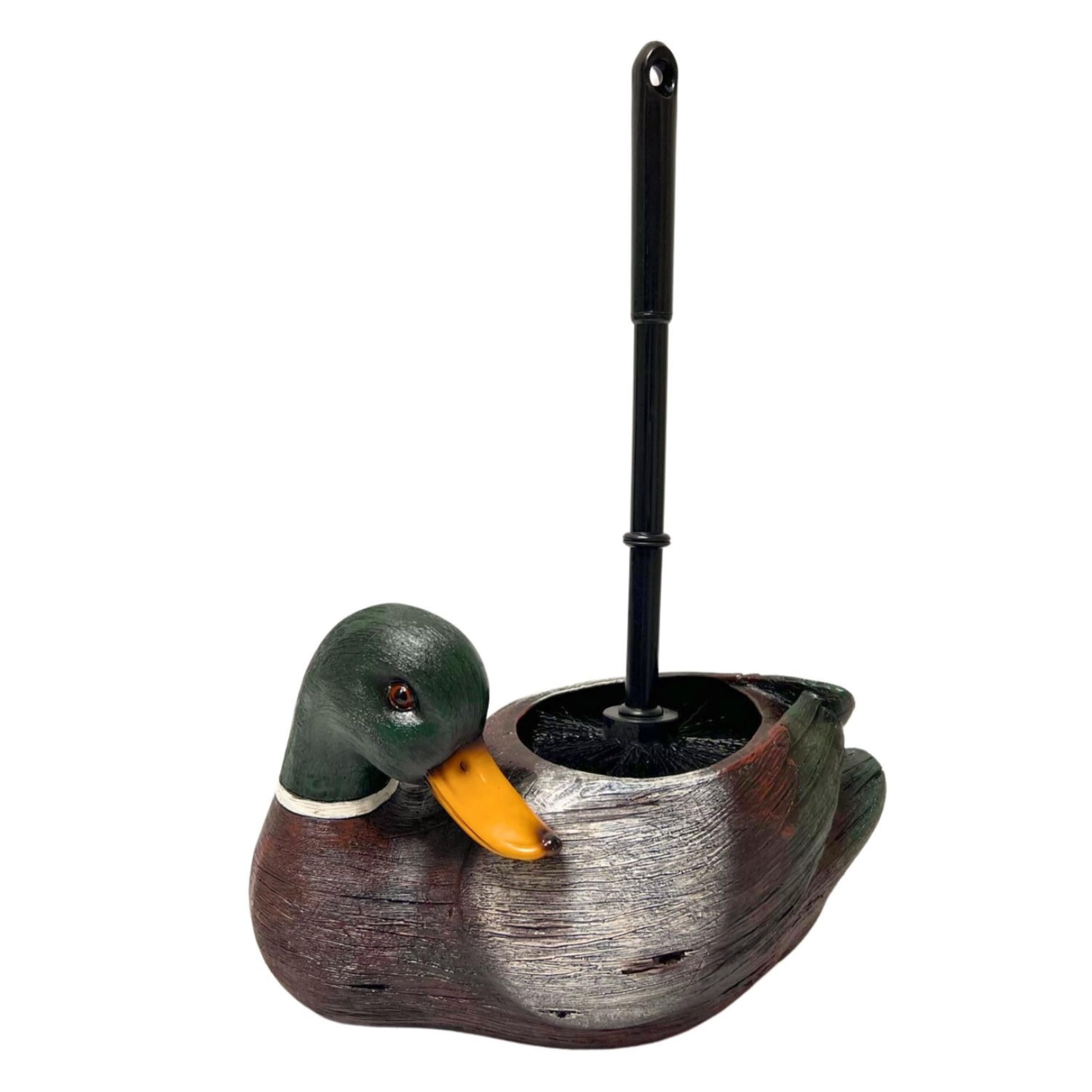 Mallard Duck Toilet Brush Holder Set - Ceramic Novelty Duck With White Plastic Brush