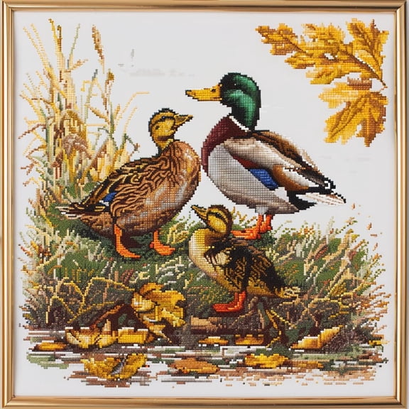 Mallard Duck Family DIY 11CT Stamped Cross Stitch Kits for Beginners Easy Needlepoint Embroidery Counted Cross Stitch Art Craft for Wall Decoration 14x14inch(3)