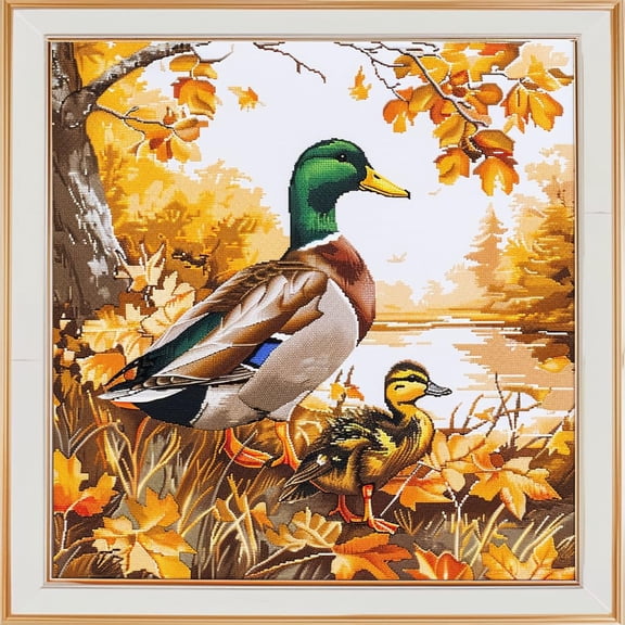 Mallard Duck Family DIY 11CT Stamped Cross Stitch Kits for Beginners Easy Needlepoint Embroidery Counted Cross Stitch Art Craft for Wall Decoration 14x14inch(1)