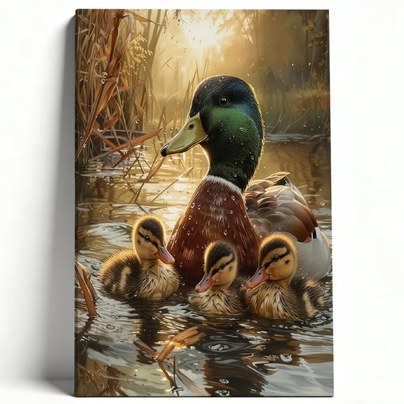 Mallard Duck Family In Sunlit Wetland Framed Canvas Wall Art - Realistic Wildlife Print For Living Room, Cabin, Nature Lover Decor 12*18inch(30*45cm)
