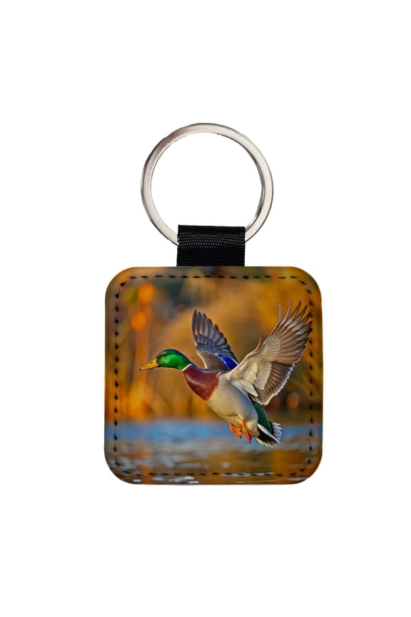 Mallard Duck Flying Faux Leather Square Keychain