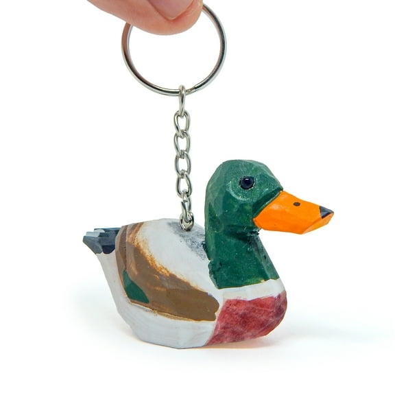 Mallard Duck Keychain Ring Hook Clip Charm Miniature Wood Mini Figurine Small Animal Drake Green Head
