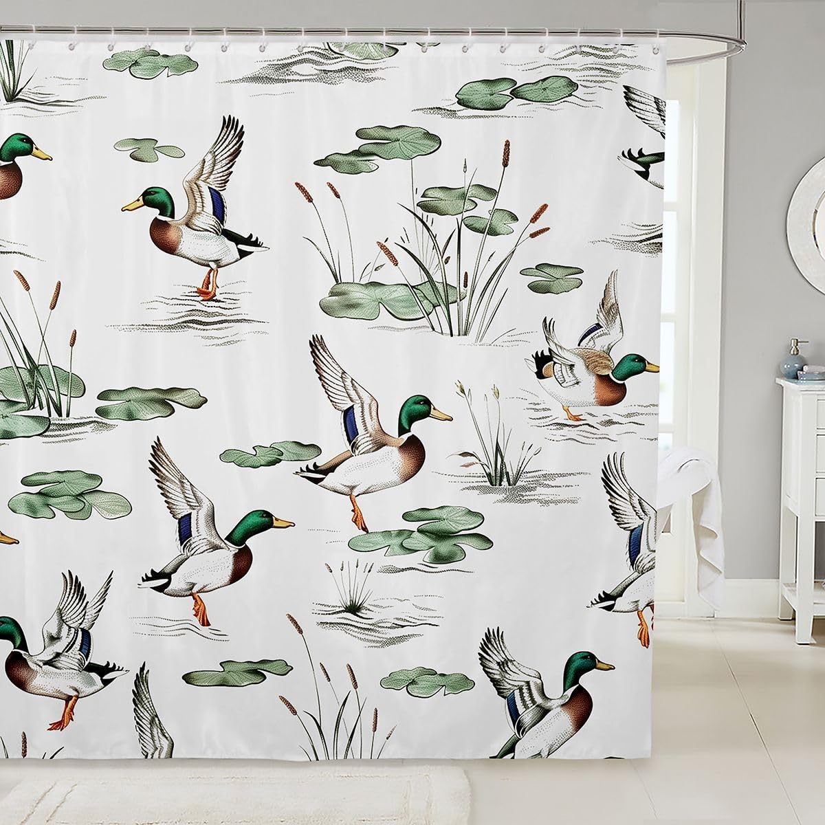 Mallard Duck Lotus Pond Pattern Shower Curtain For Bathroom Decor Waterproof Fabric Bath Accessory