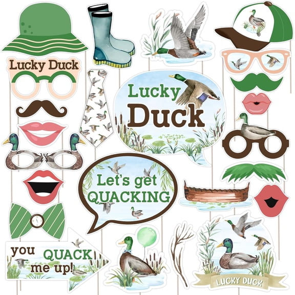 Mallard Duck Photo Booth Props - 24 Pieces Lucky Duck Hunting First Bday Baby Shower Animal Party Background Decoration Supplies