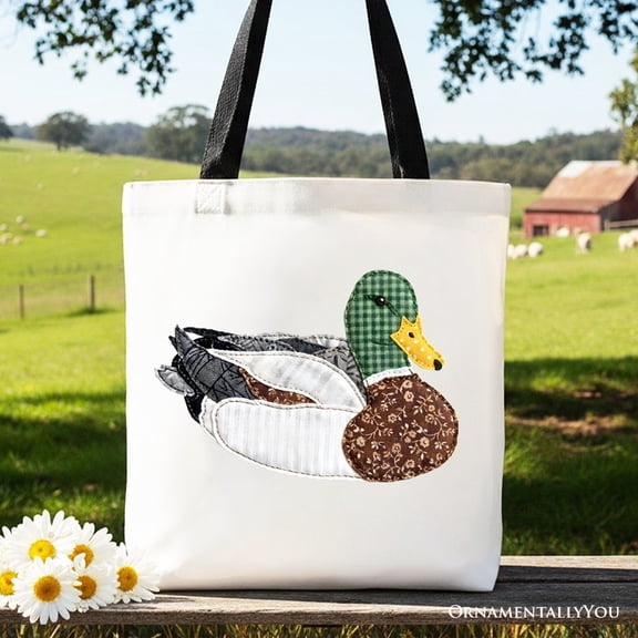Mallard Duck Printed Faux Patchwork Tote Bag, Hunting Outdoors Gift Shopper