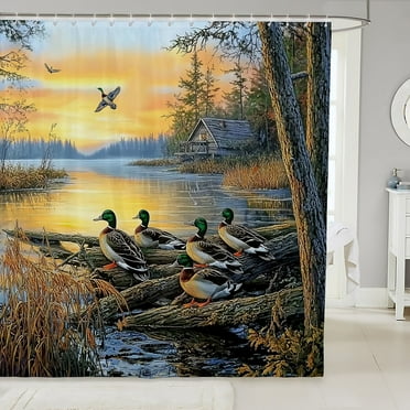 Mallard Duck Shower Curtain,Duck Hunting Bathroom Shower Curtain Sets,Western Cabin Lodge Branches Lake Waterproof Bathroom Curtains,Hunting Bird Animal Bathroom Accessories,72"Wx78"L