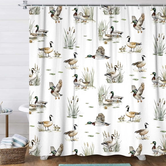 Mallard Duck Shower Curtain Hunting Theme Wild Animal Bath Curtains Set Cabin Duck Pattern Neutral Bathroom Decor for Boys Girls Waterproof Fabric Shower Curtains with Hooks