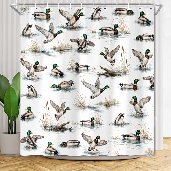 Mallard Duck Shower Curtain, Rustic Lake Wildlife Nature Themed Bath Decor Country Farmhouse Cabin Style Waterproof Polyester Fabric Shower Curtain Set,60X70 Inch with Hooks