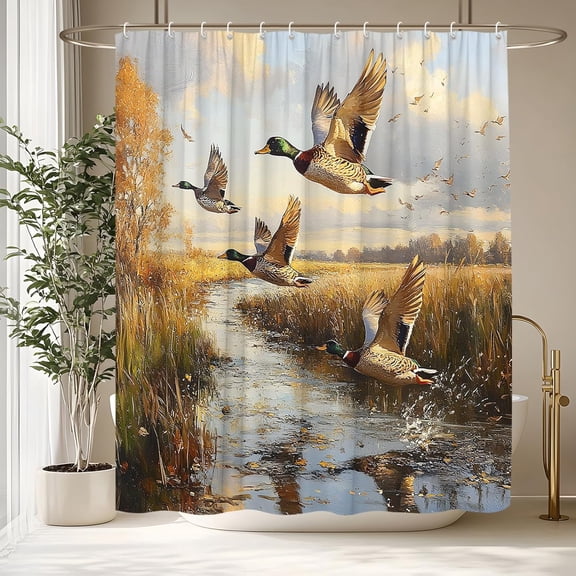 Mallard Duck Shower Curtain Wildlife Scene Hunting Country Lake Design Brown Nature Scenery Modern Cute Animals Natural Wildlife Nature Scene Polyester Fabric Bathroom Decorative Curtain,72"W x 72"L