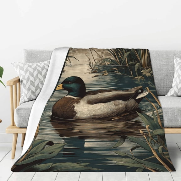 Mallard Duck Throw Blanket, Realistic Wildlife Lake Art, Soft Flannel Fleece for Cabin & Lodge Decor Gift 50x40