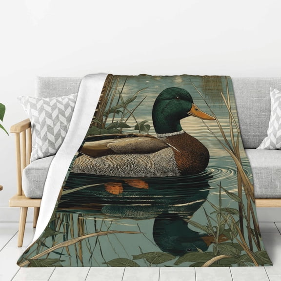 Mallard Duck Throw Blanket, Realistic Wildlife Lake Art, Soft Flannel Fleece for Cabin & Lodge Decor Gift 50x40