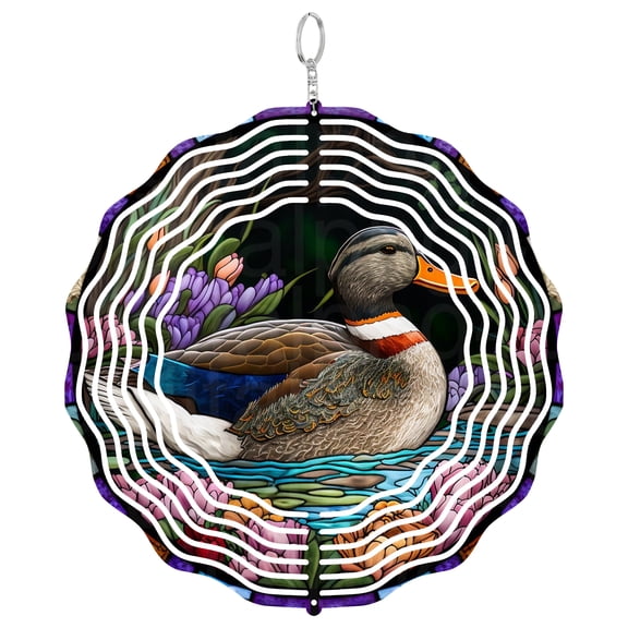 Mallard Duck Wind Spinner Metal Outdoor Decor Stained Glass Art Multi-Color