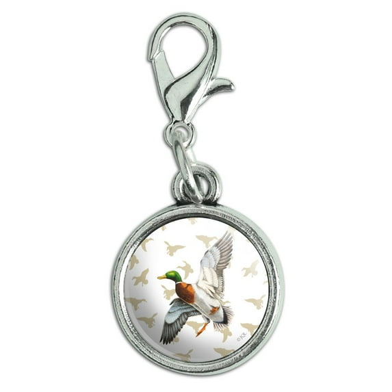 Mallard Duck in Flight Antiqued Bracelet Pendant Zipper Pull Charm with Lobster Clasp