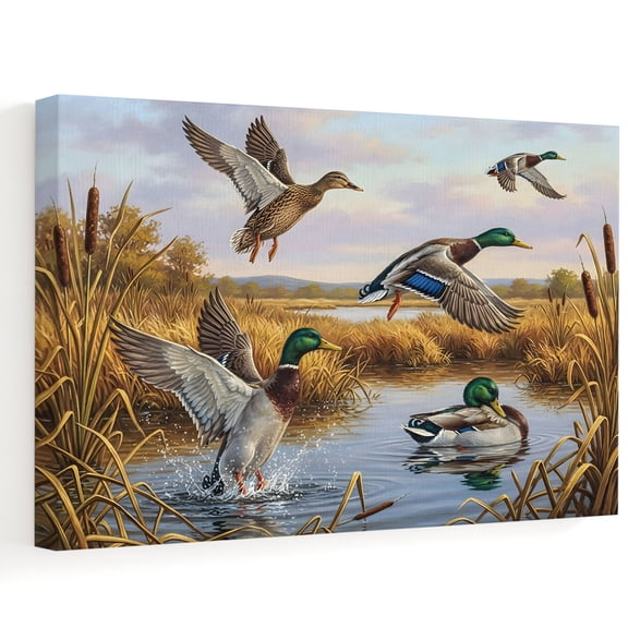 Mallard Ducks Canvas Wall Art 10" x 8" Grass Wildlife Splashing Water Rustic Countryside Frame Picture Prints, Ready to Hang Waterproof Artwork Decor for Bathroom, Kitchen Small Wall Spaces