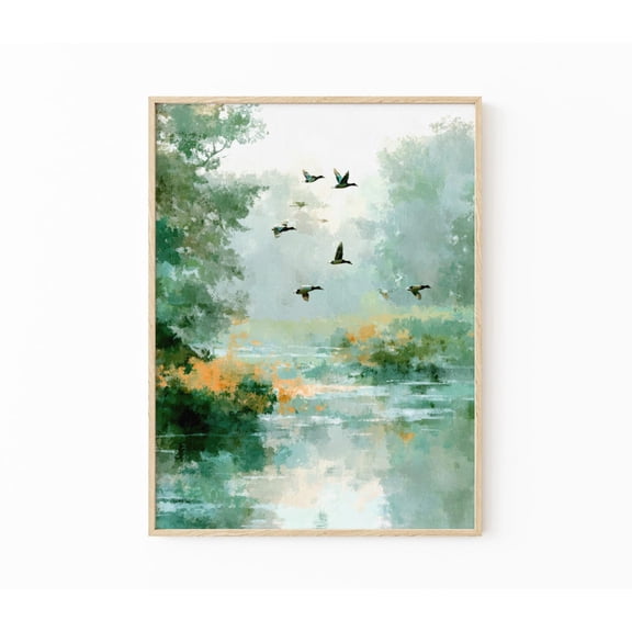Mallard Ducks Flying Over Lake Vintage Pastel Nature Art V5, Unframed Poster