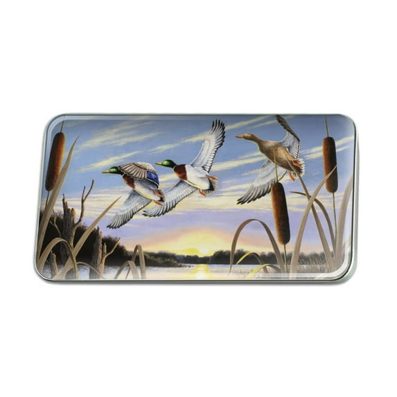 Mallard Ducks Flying Over Pond Lake Painting Metal Rectangle Lapel Hat Pin Tie Tack Pinback