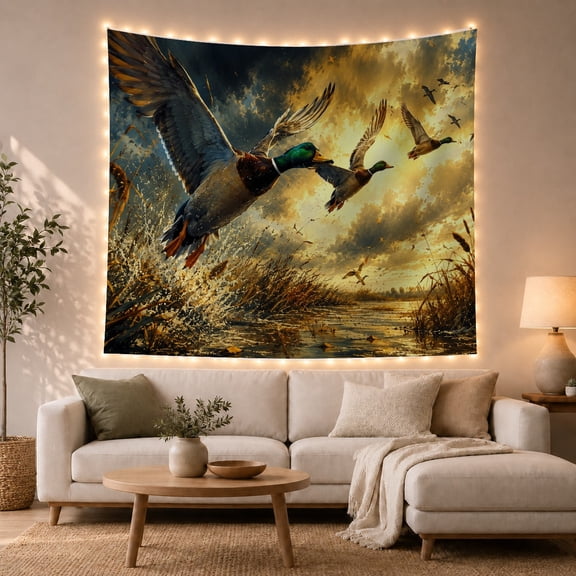 Mallard Ducks Flying Over Wetland Pond, Adventurous Boho for Nature Lovers, Wildlife Wall Art Decor, Housewarming Gift, Tapestry Wall Hanging for Living Room and Bedroom