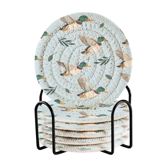 Mallard Ducks Leaves Pattern Coasters for Drinks Set of 6 with Holder Handmade Woven Rope Absorbent Heat Resistant 4 Inch