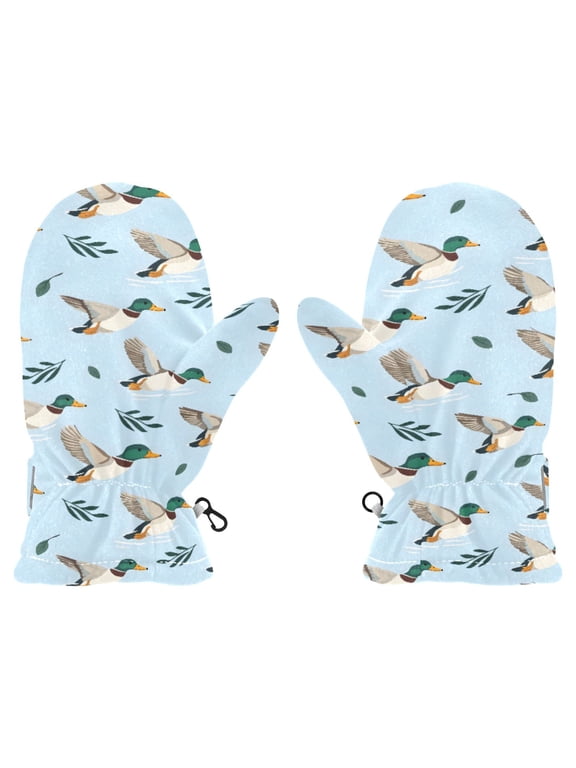 Mallard Ducks Leaves Pattern Cold Weather Mittens Warm Thick Fleece Lined Adjustable Snow Outdoor Winter Medium Ages 4-6