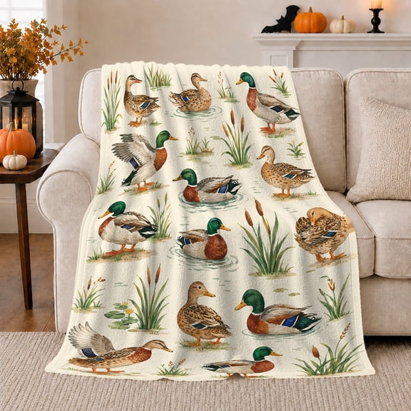 Mallard Ducks Marsh Grasses, Peaceful Mountain Lake Scene, Warm Flannel Blanket for Cabin and Lodge with Detailed Artwork, Outdoor Lovers Thanksgiving Gift, Artistic Home Decor