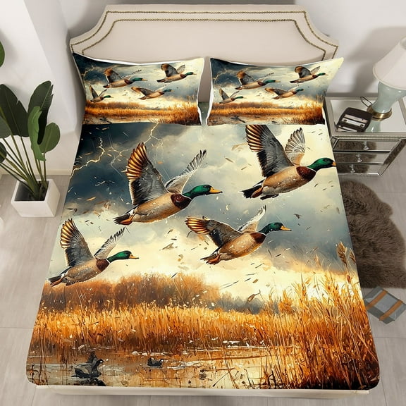 Mallard Queen Fitted Sheet Duck Hunting Bed Sheets Man Flying Duck Lighting Bed Set,Rustic Decor Wildlife Animlas Farmhouse Style Sheets(No Top Sheet)