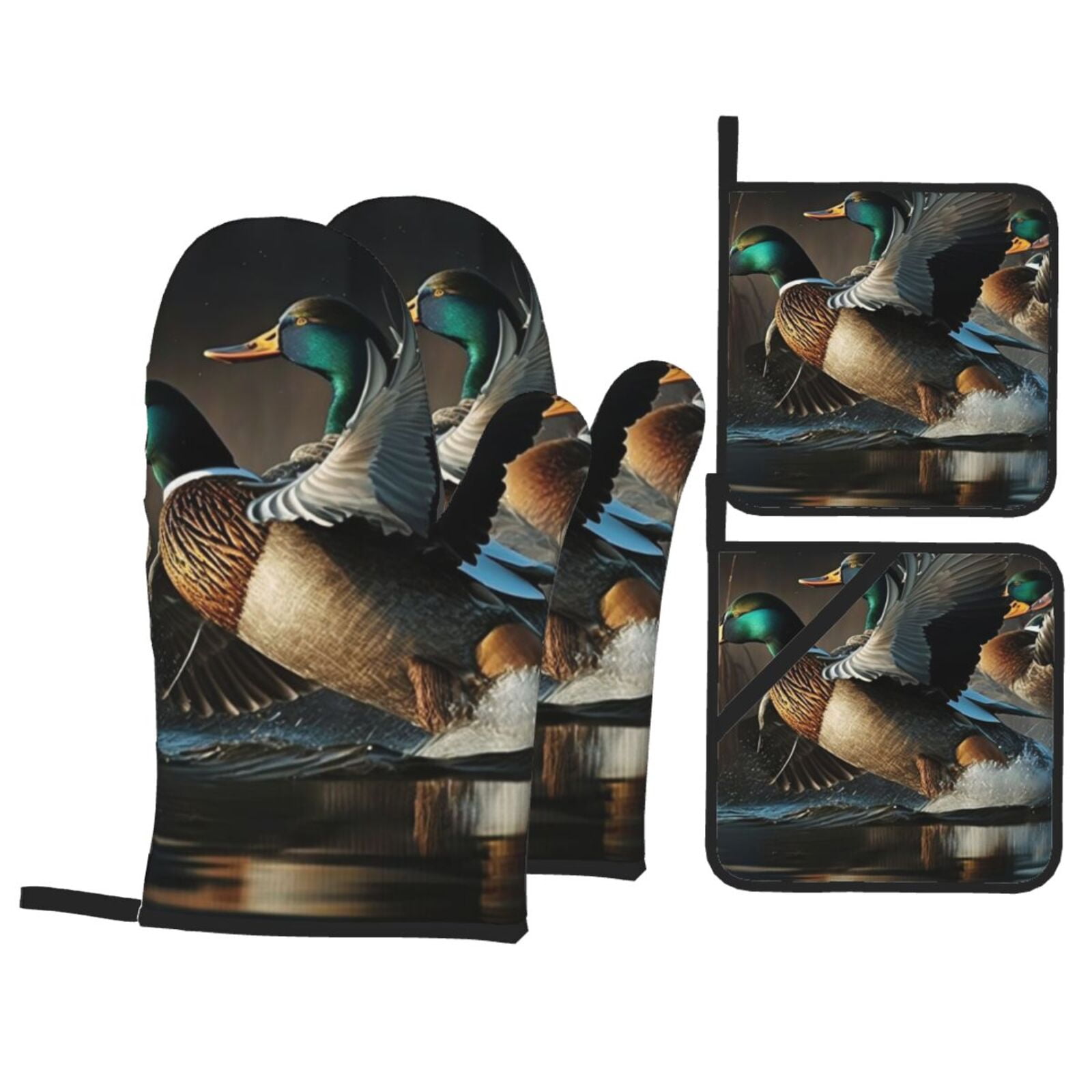 Mallards Duck Cool Hunting 4Pcs Oven Mitts and Pot Holders Sets Oven Kitchen Gloves Hot Pads for Cooking BBQ Baking Grilling
