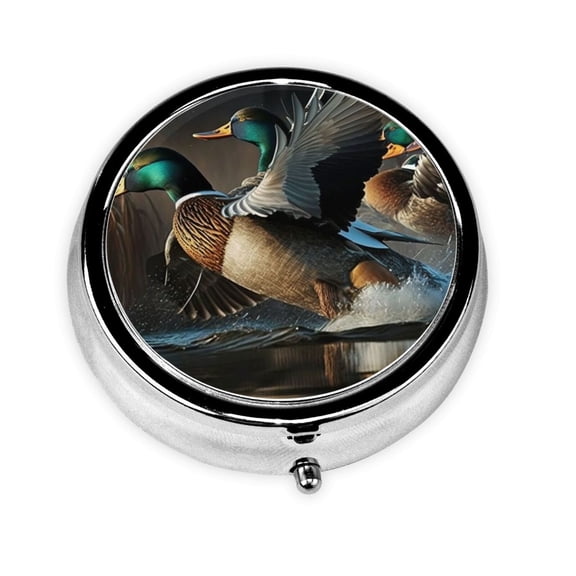 Mallards Duck Cool Hunting Mini Round Pill Box Portable Small Pill Case Organizer with 3 Compartments for Pocket Purse