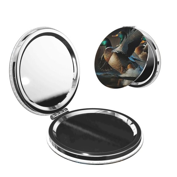 Mallards Duck Cool Hunting Portable Double-Sided Face Mirror Round Shape, Magnifying Compact Pocket Mirror with PU Leather Cover
