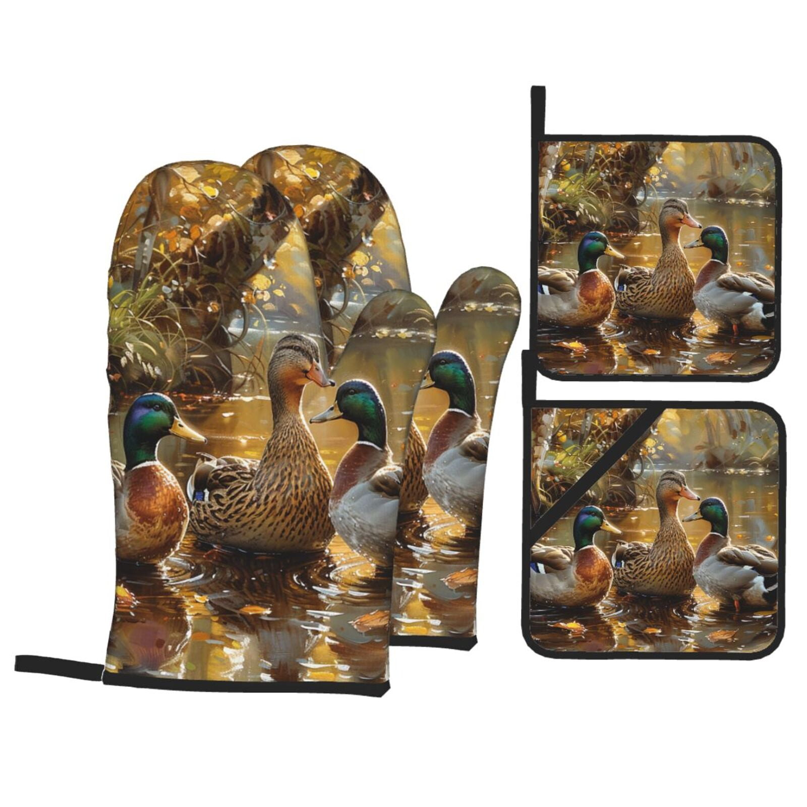 Mallards Duck Cute Hunting Art 4Pcs Oven Mitts and Pot Holders Sets Oven Kitchen Gloves Hot Pads for Cooking BBQ Baking Grilling