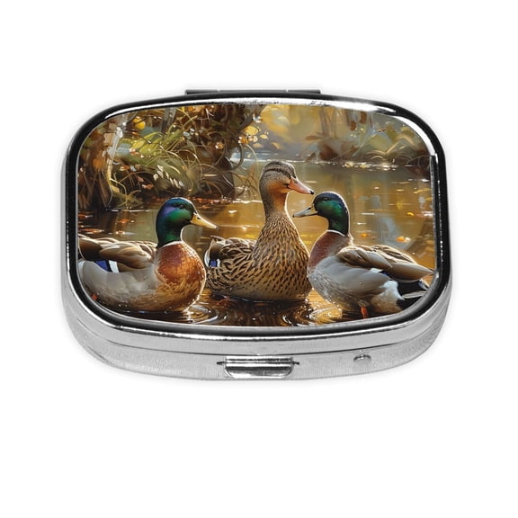 Mallards Duck Cute Hunting Art Square Pill Box 2 Compartment Pill Case Medicine Organizer Decorative Gift for Purse Pocket