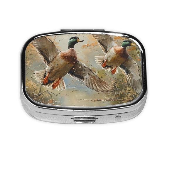 Mallards Duck Cute Hunting Vintage Square Pill Box 2 Compartment Pill Case Medicine Organizer Decorative Gift for Purse Pocket