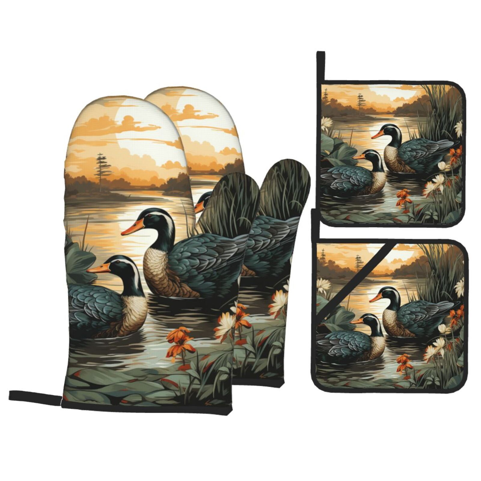 Mallards Duck Hunting Art Vintage 4Pcs Oven Mitts and Pot Holders Sets Oven Kitchen Gloves Hot Pads for Cooking BBQ Baking Grilling