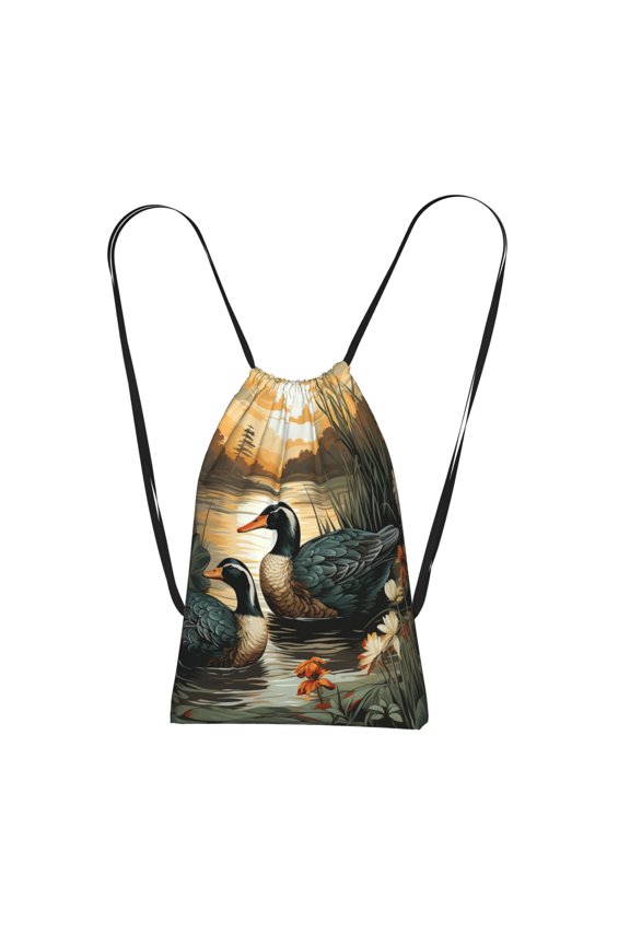 Mallards Duck Hunting Art Vintage Packable Drawstring Backpack, Lightweight Foldable Cinch Storage Bag for Gym Travel Shopping