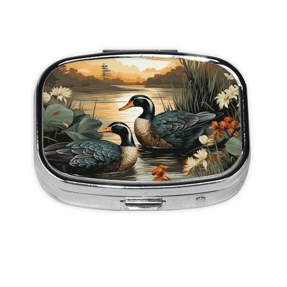 Mallards Duck Hunting Art Vintage Square Pill Box 2 Compartment Pill Case Medicine Organizer Decorative Gift for Purse Pocket