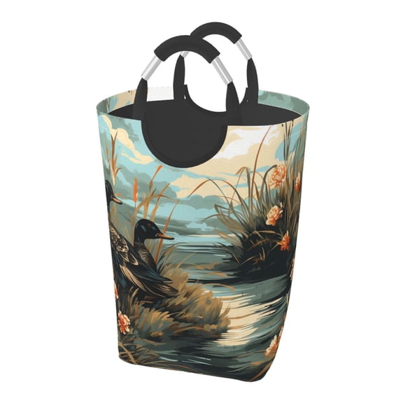 Mallards Duck Hunting Graphic Laundry Bag with Handle - Foldable Dirty Clothes Hamper Collapsible Storage Bin