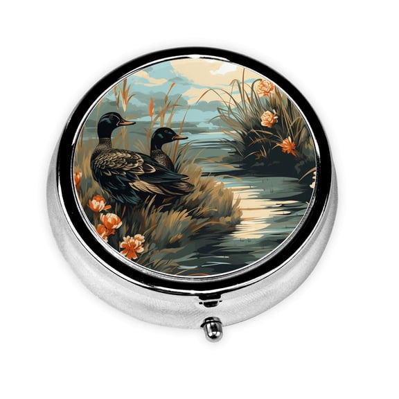 Mallards Duck Hunting Graphic Mini Round Pill Box Portable Small Pill Case Organizer with 3 Compartments for Pocket Purse