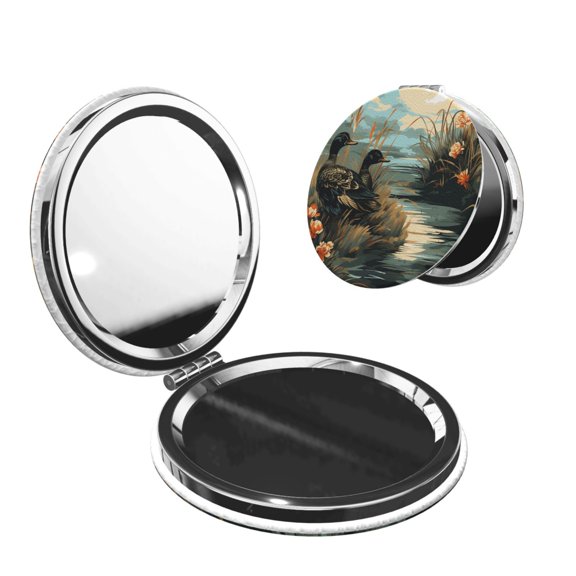 Mallards Duck Hunting Graphic Portable Double-Sided Face Mirror Round Shape, Magnifying Compact Pocket Mirror with PU Leather Cover