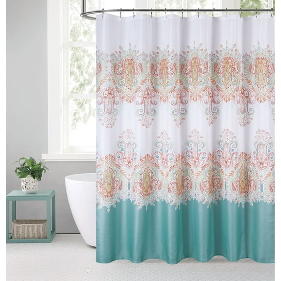 MallenHome Fabric Bathroom Shower Curtain Printed White/Aqua Color 72" X 72"