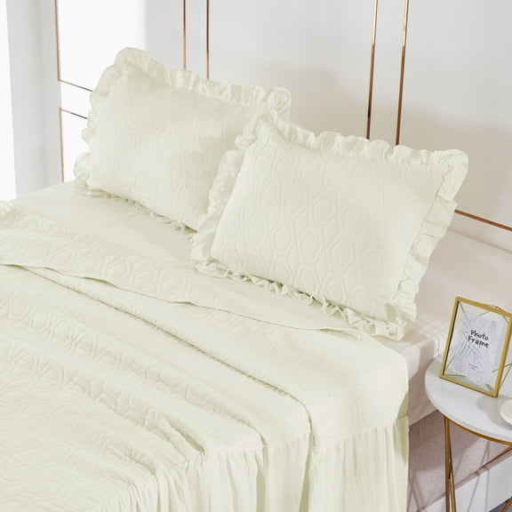 MallenHome Pinsonic Ruffle Skirt Quilt/Bedspread/Coverlet Set Ivory Color King Size