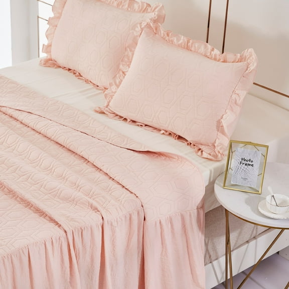 MallenHome Pinsonic Ruffle Skirt Quilt/Bedspread/Coverlet Set Peach/Pink Color Queen Size