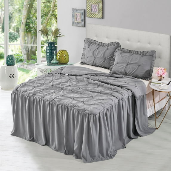 MallenHome Pintuck Ruffle Skirt Quilt/Bedspread/Coverlet Set Gray Color King Size
