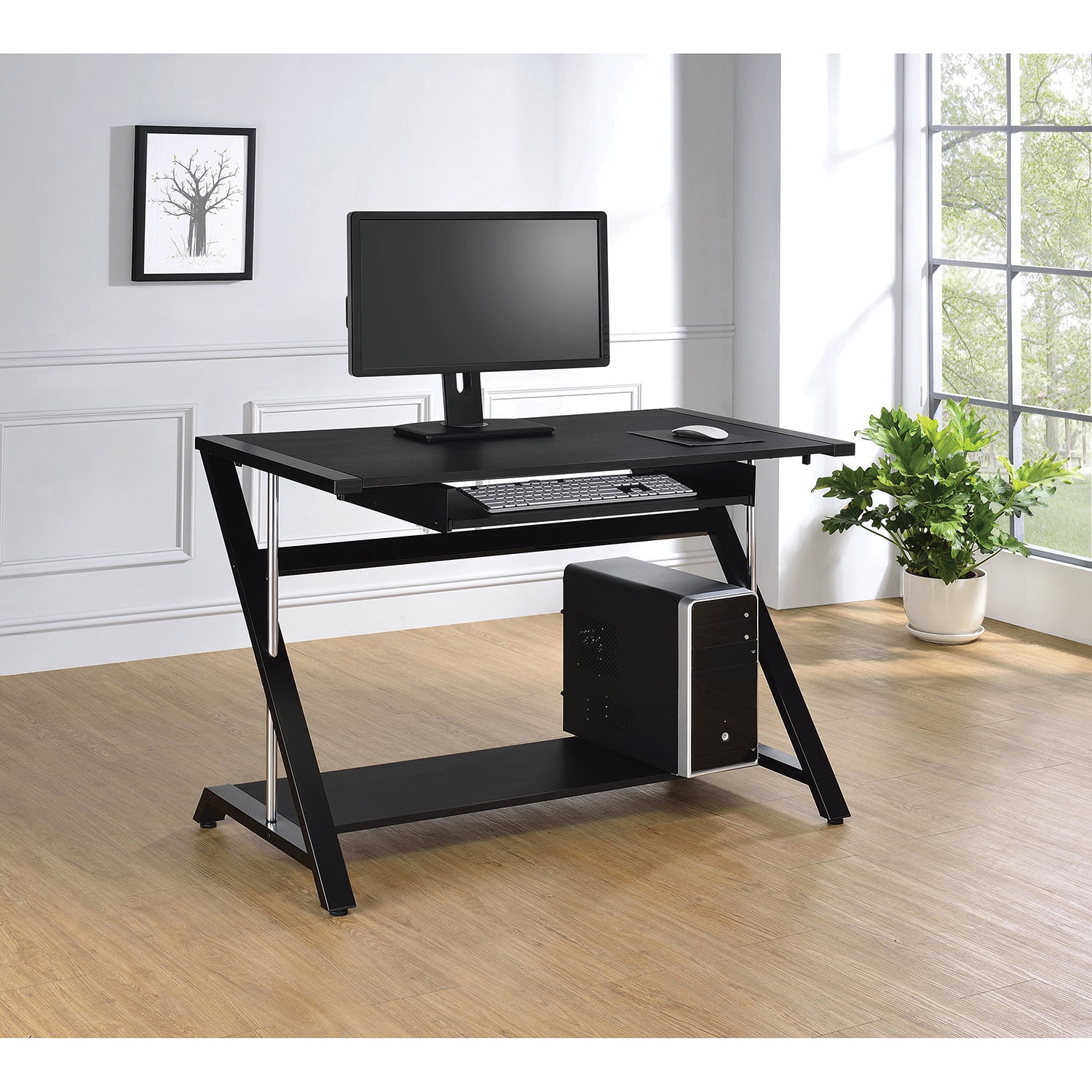 Black Wood Home Office Desk with Keyboard Tray and Shelf