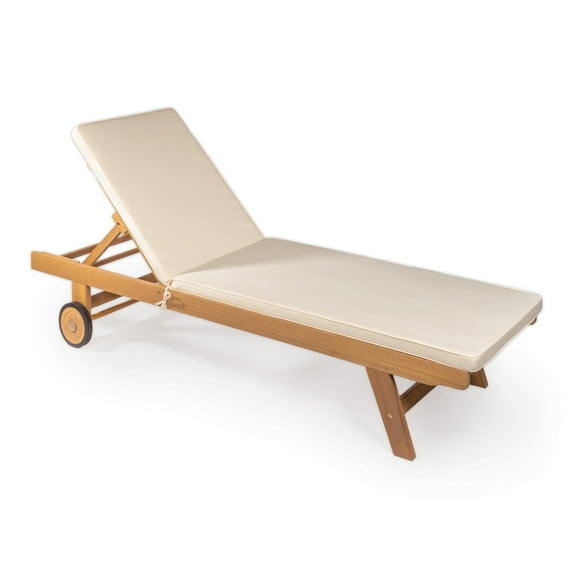 Mallorca 77.17"x24.61" Modern Classic Adjustable Acacia Wood Chaise Outdoor Lounge Chair with Cushion & Wheels, Light Beige/Natural
