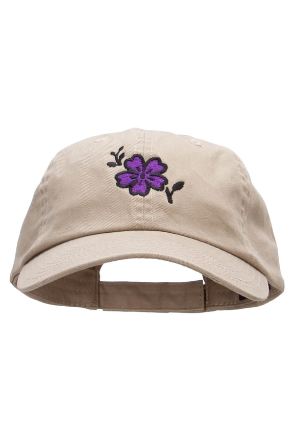 Mallow Flower Embroidered Low Profile Dyed Cotton Twill Cap - Khaki OSFM