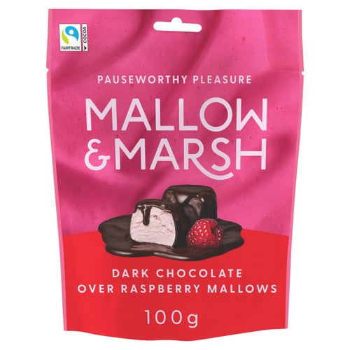 Mallow & Marsh Raspberry Marshmallows Coated in 70% Dark Chocolate 100g, British Import (Pack of 3)