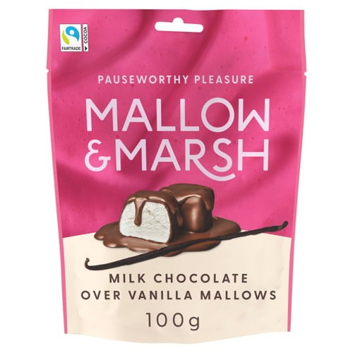 Mallow & Marsh Vanilla Marshmallows Coated in Milk Chocolate 100g, British Import (Pack of 6)
