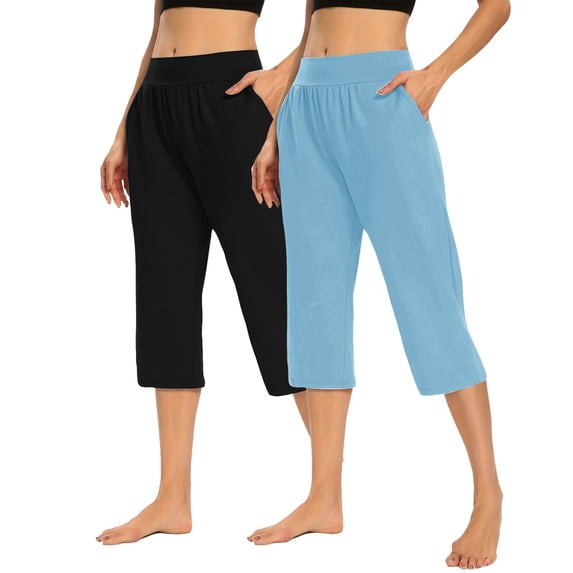 2 Pack Womens Capris with Pockets, Ladies Capris Pants Multipack, Trendy Women 2pcs Casual Cropped Pant Polyester Solid Seamless Pull on Capris Pants for Summer